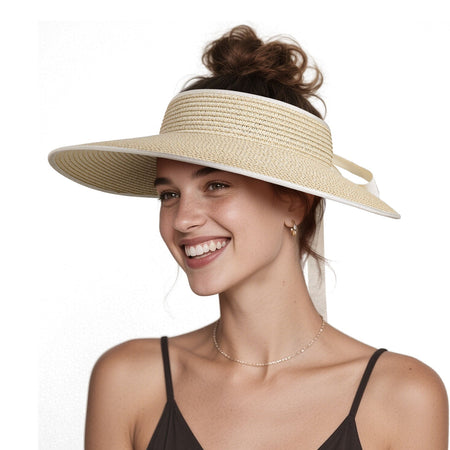 Women’s French Style Open-Top Straw Sun Hat with UV Shield
