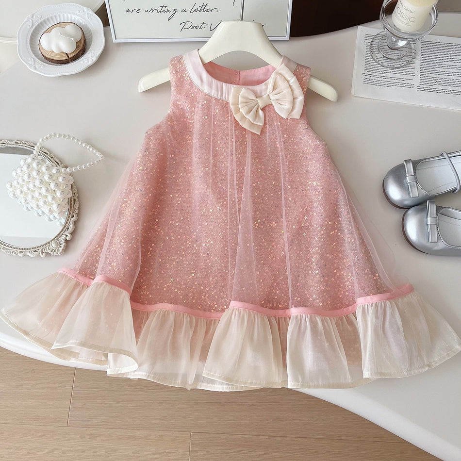 Girls Sleeveless Bow Mesh Princess Dress Summer Party Outfit
