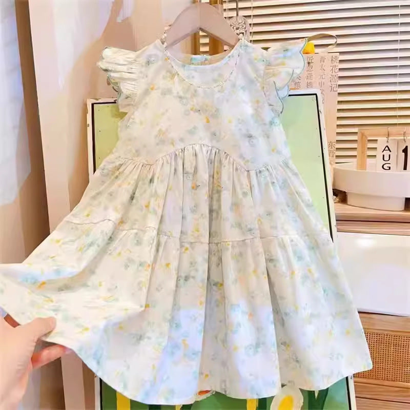 Girls Floral Flying Sleeve Cotton Princess Dress Summer Outfit