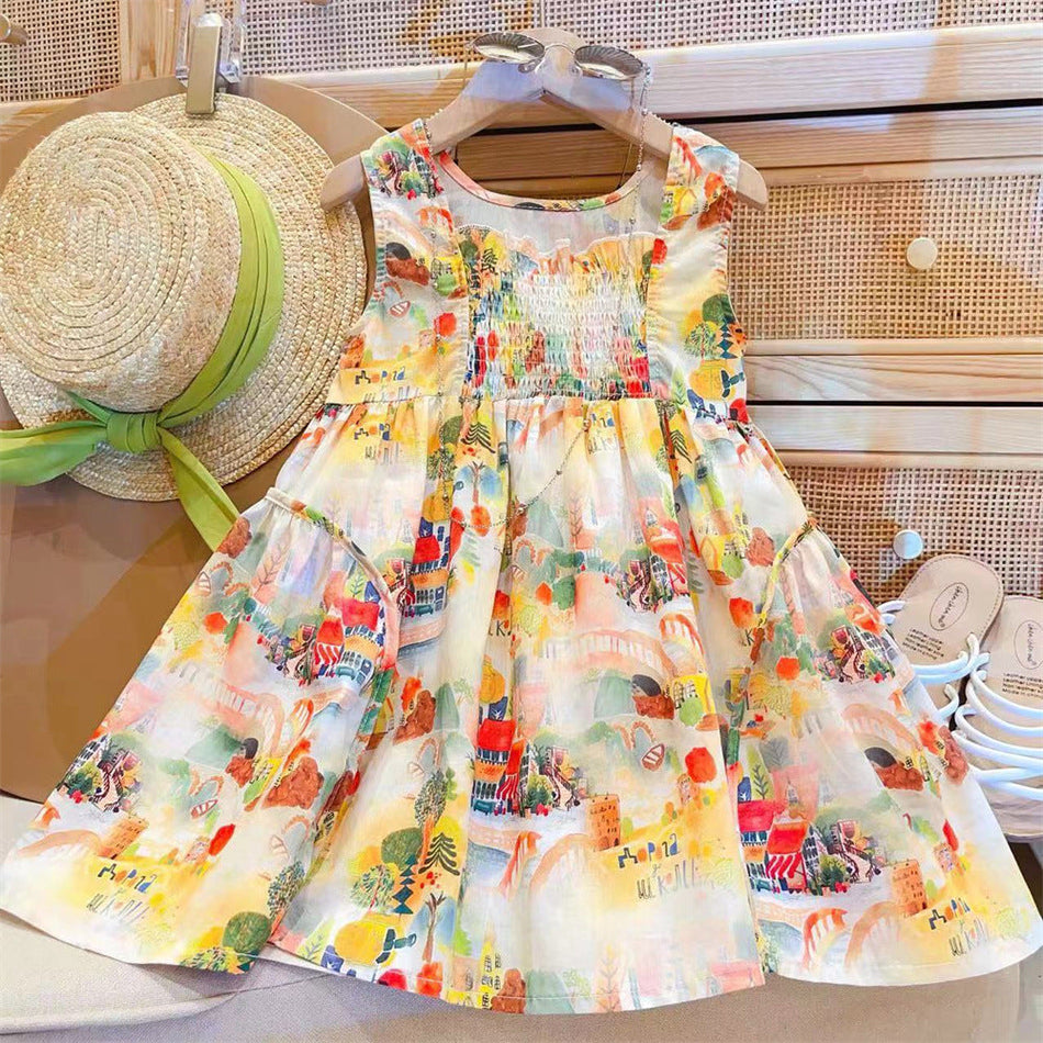 Girls Cotton Graffiti Spaghetti Strap Summer Dress