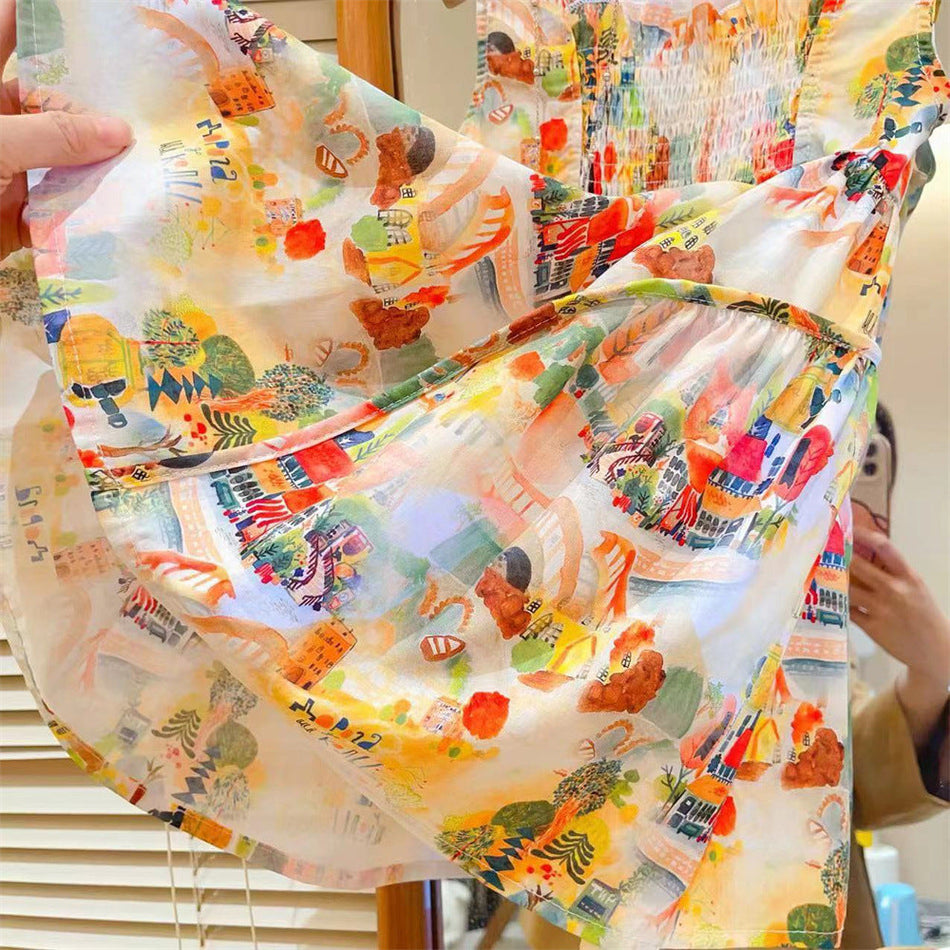 Girls Cotton Graffiti Spaghetti Strap Summer Dress