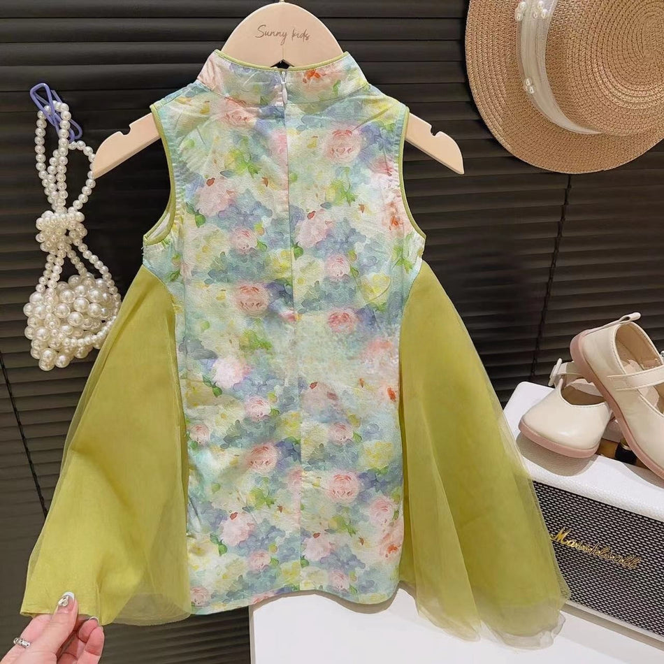 Girls Ink Print Stand Collar Patchwork Princess Dress