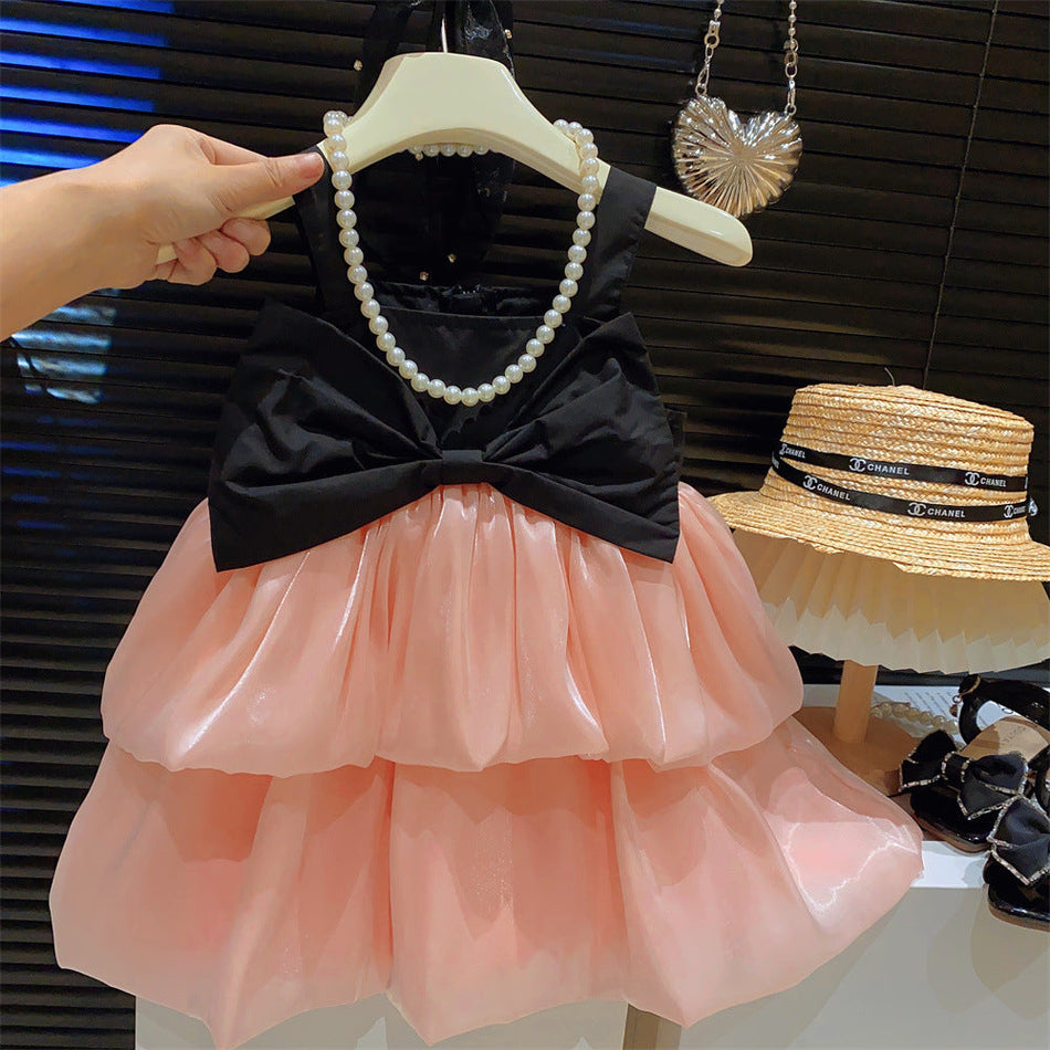 Girls Pearl Yarn Bow Princess Sling Summer Dress