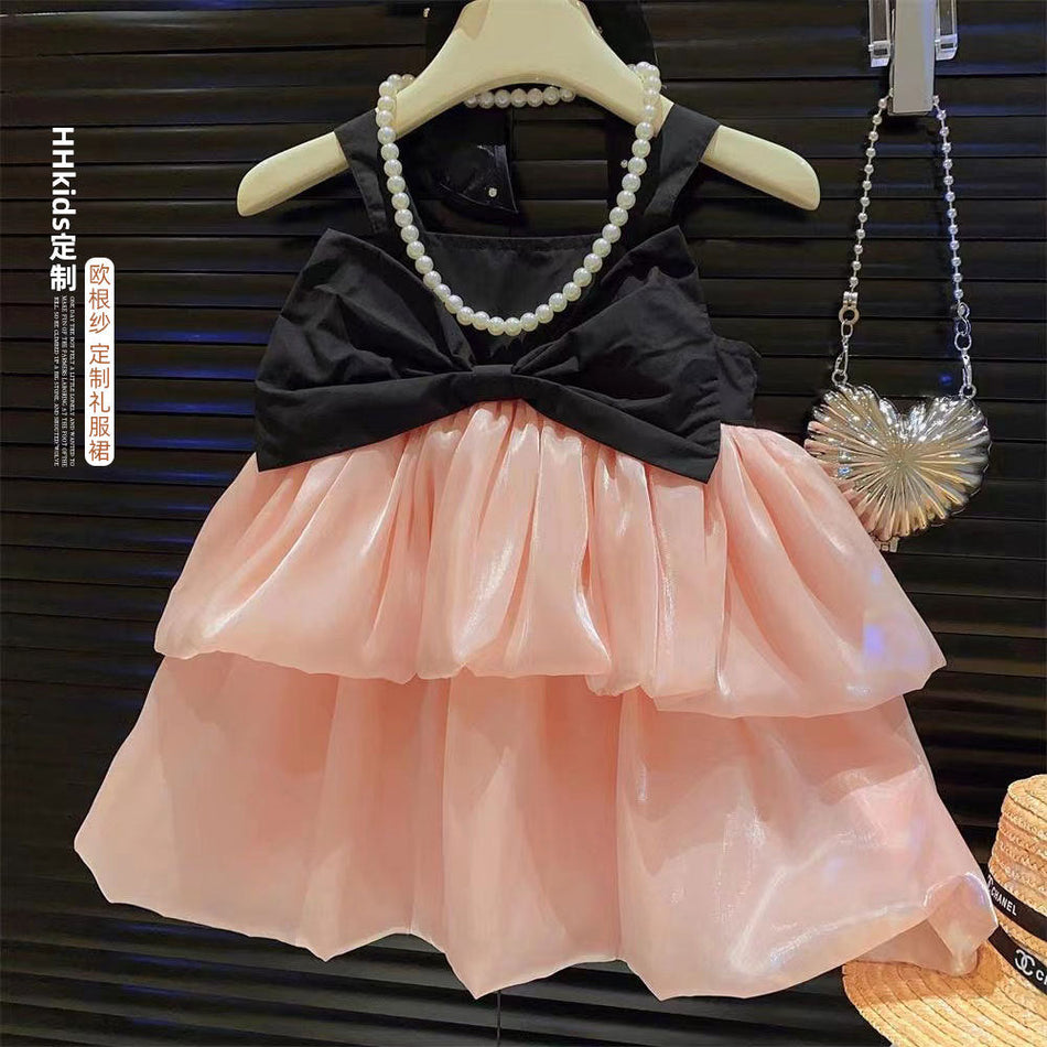 Girls Pearl Yarn Bow Princess Sling Summer Dress