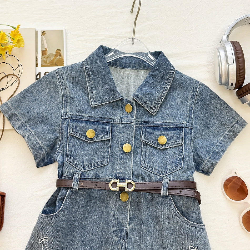 Girls Soft Washed Denim Bow Waist Princess Dress