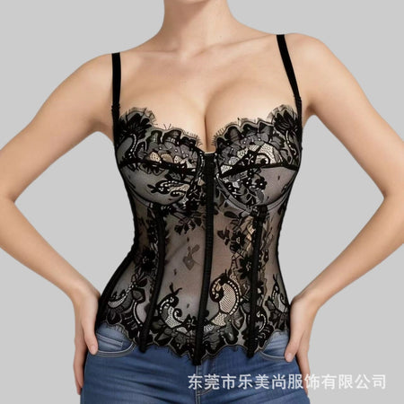 Women’s Black Lace Fishbone Corset Camisole with Chest Pads