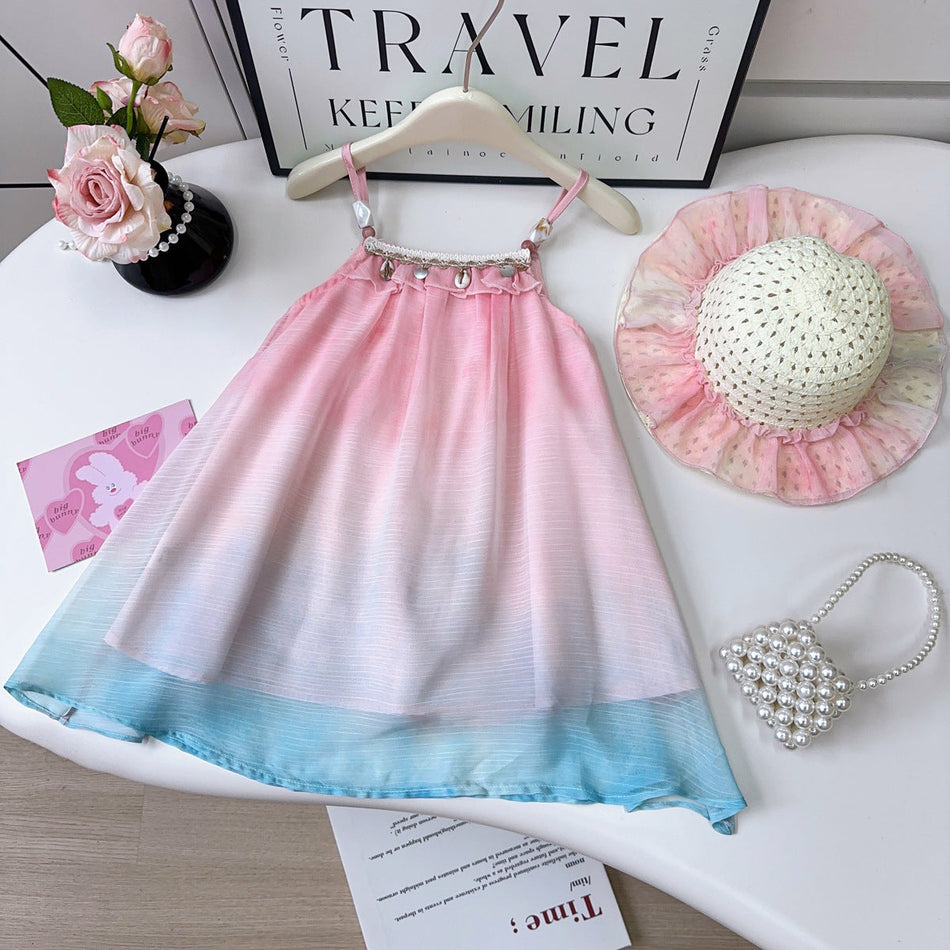 Girls Gradient Suspender A-Line Holiday Beach Dress Set