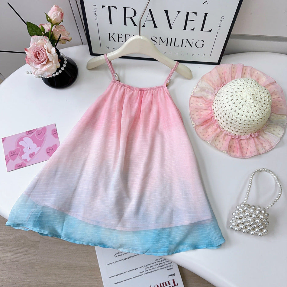 Girls Gradient Suspender A-Line Holiday Beach Dress Set