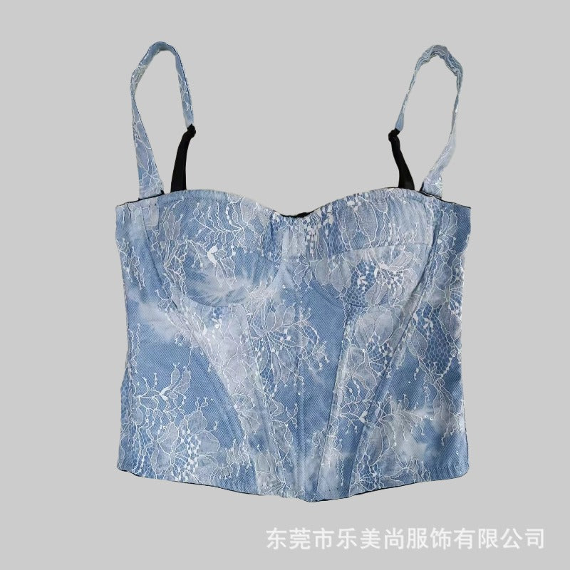 Women’s Corset Top Vintage Denim Strapless Lace Shapewear
