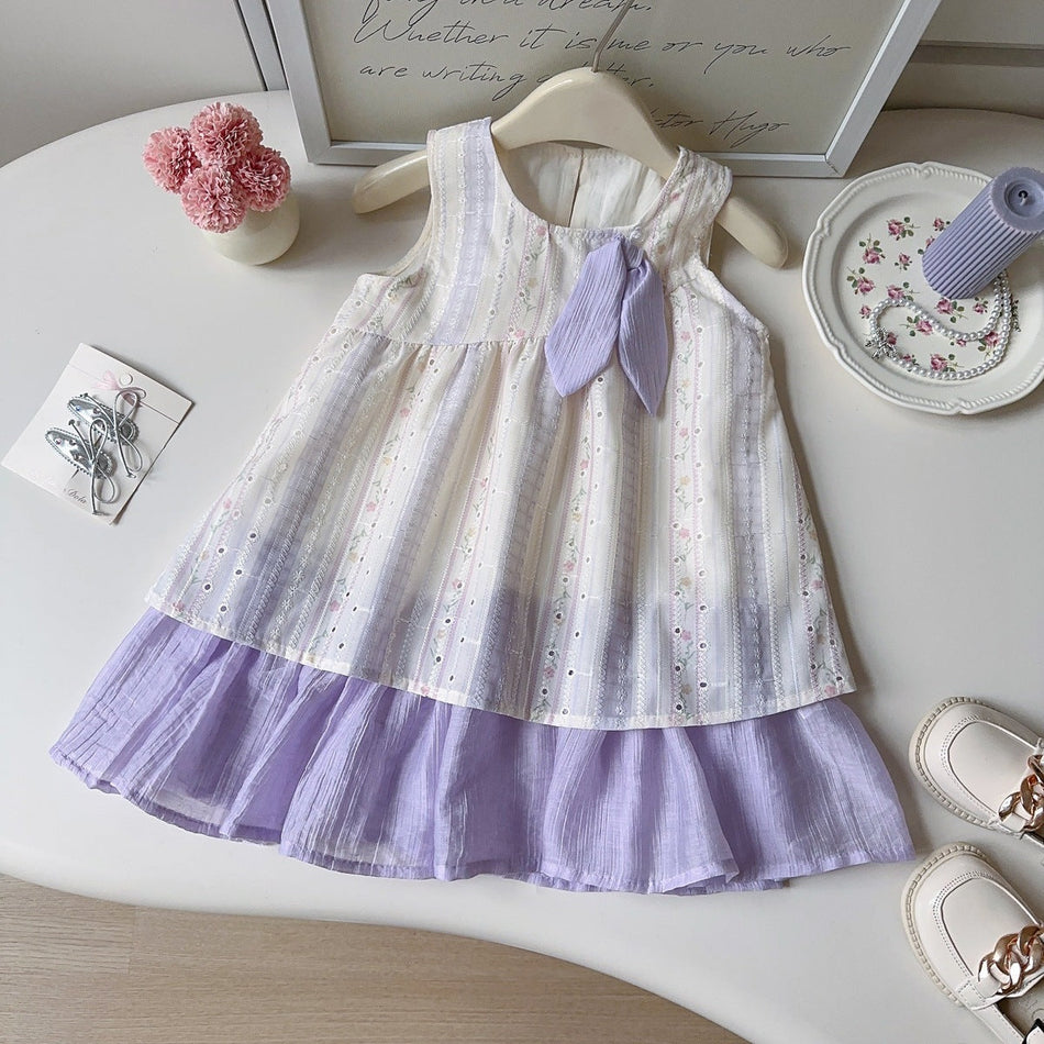 Girls Forest Style Striped Bow Tank Summer Dress