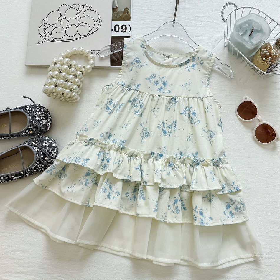 Girls Blue White Floral Cotton Sleeveless Princess Dress