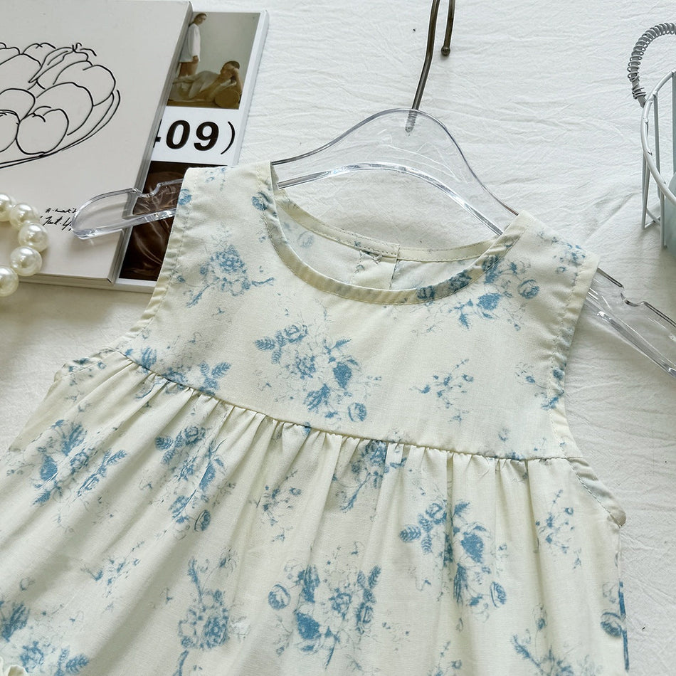 Girls Blue White Floral Cotton Sleeveless Princess Dress