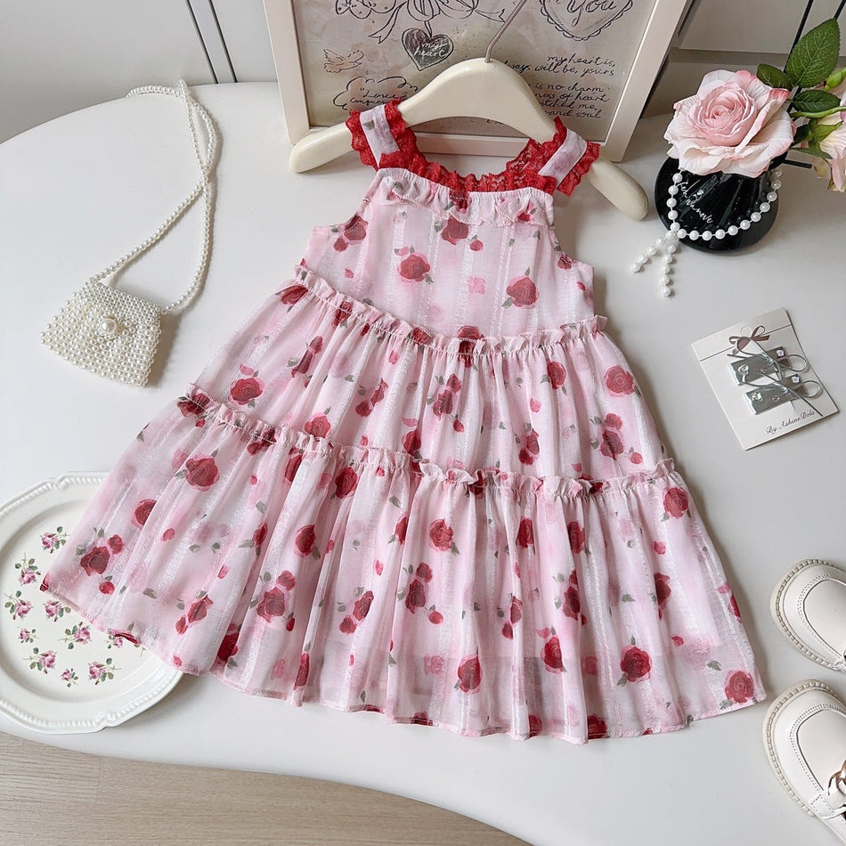 Girls Rose Floral Lace Collar Suspender Princess Dress
