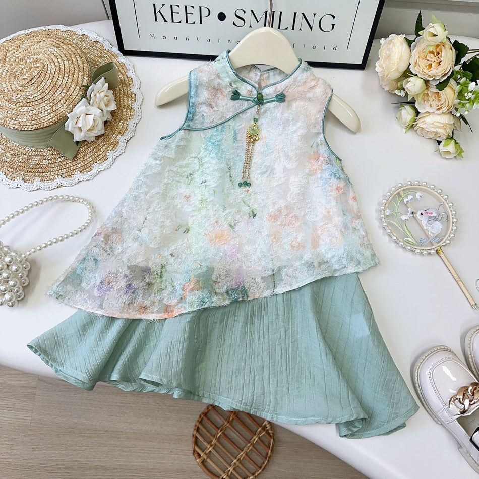 Girls Chinese Style Embroidered Sleeveless A-Line Dress