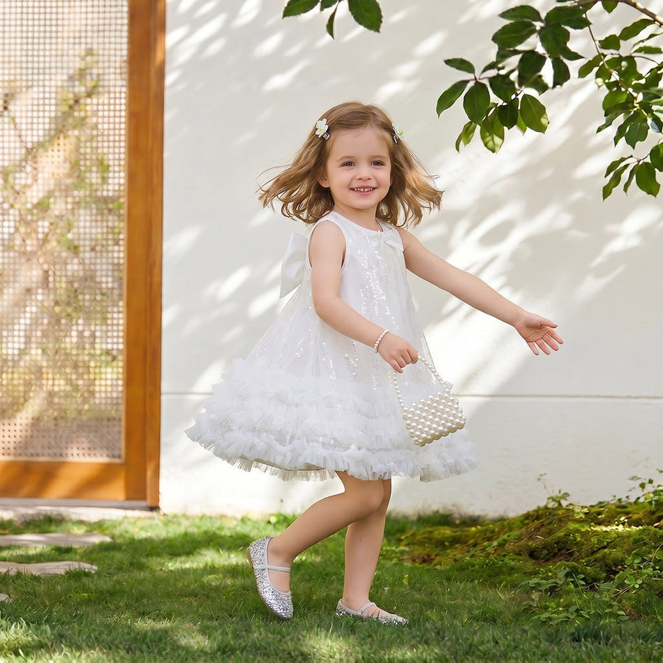 Girls Sequined Mesh Bow Sleeveless Princess Summer Dress