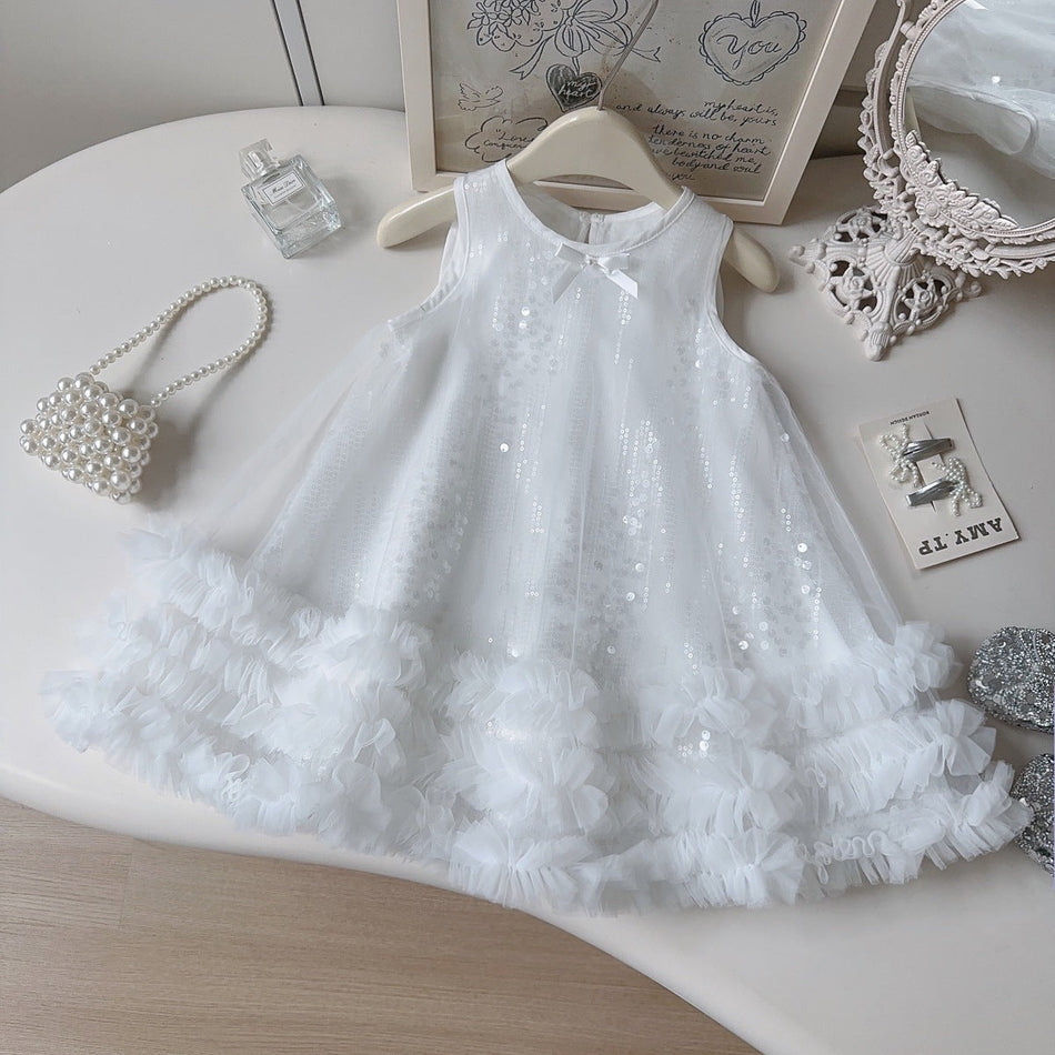 Girls Sequined Mesh Bow Sleeveless Princess Summer Dress