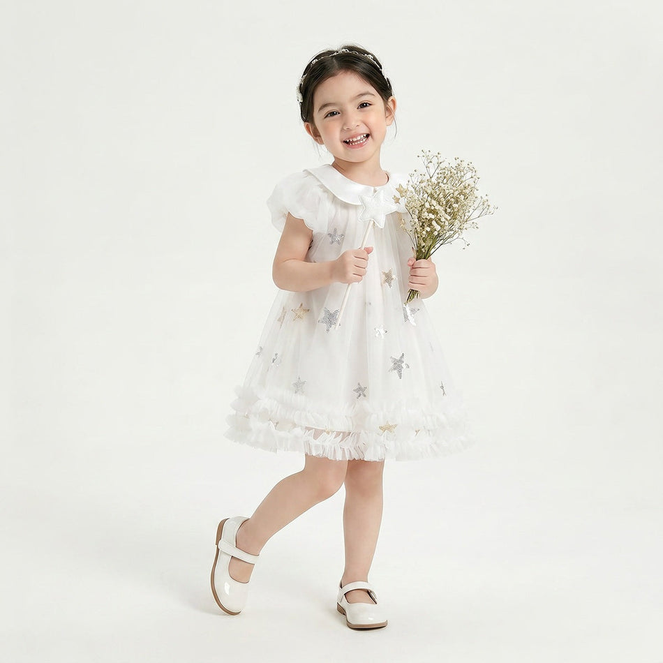 Girls Star Mesh Puff Sleeve Princess Summer Dress