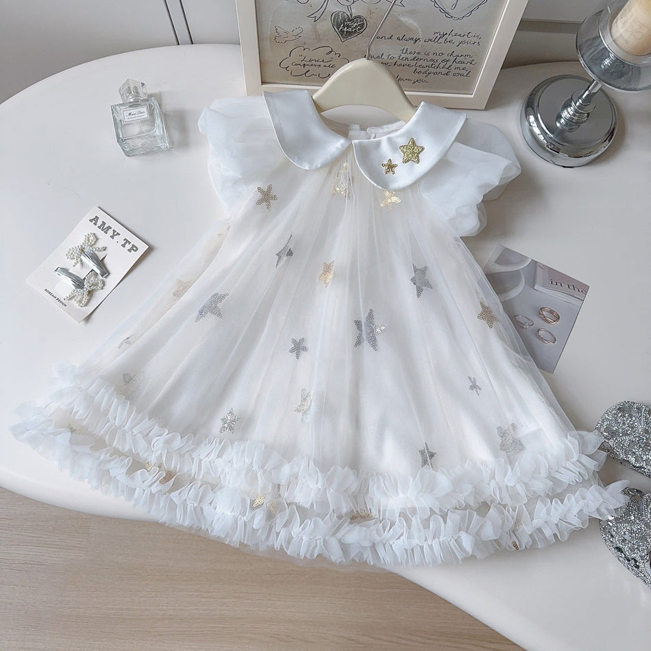 Girls Star Mesh Puff Sleeve Princess Summer Dress