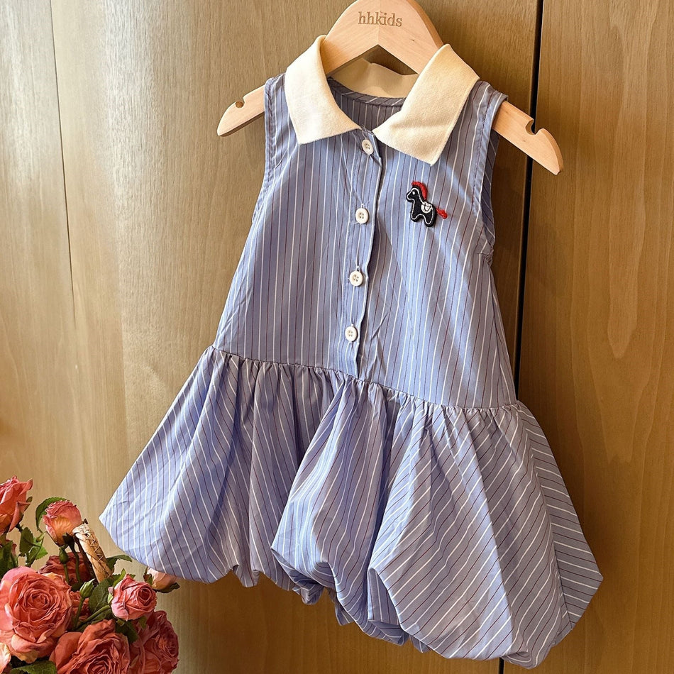 Girls Cotton Striped Lapel Vest A-Line Princess Dress