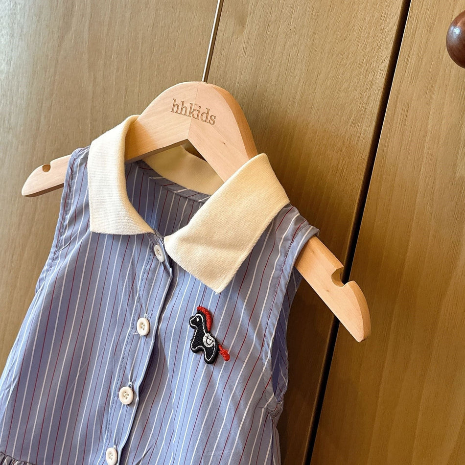 Girls Cotton Striped Lapel Vest A-Line Princess Dress