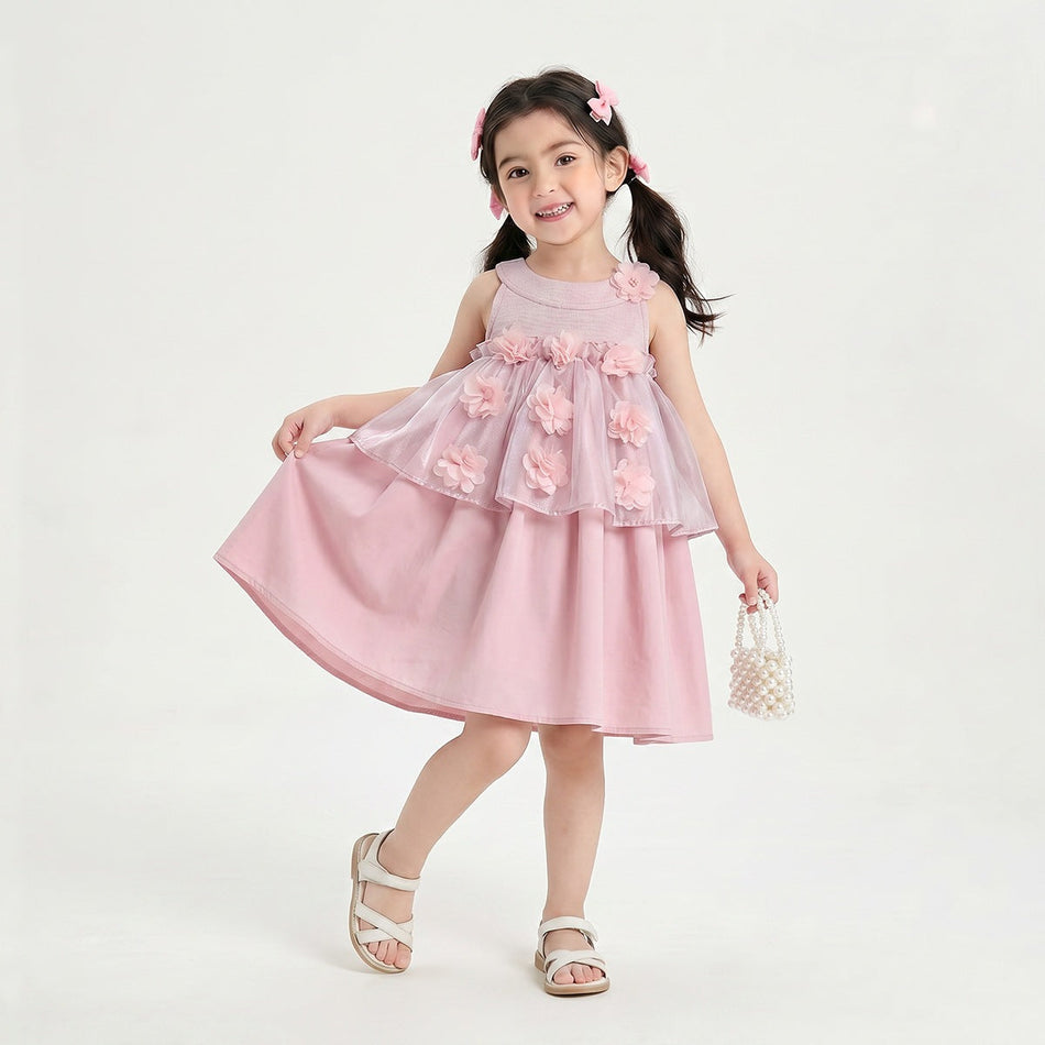 Girls Viscose Floral Sleeveless Pink Princess Dress