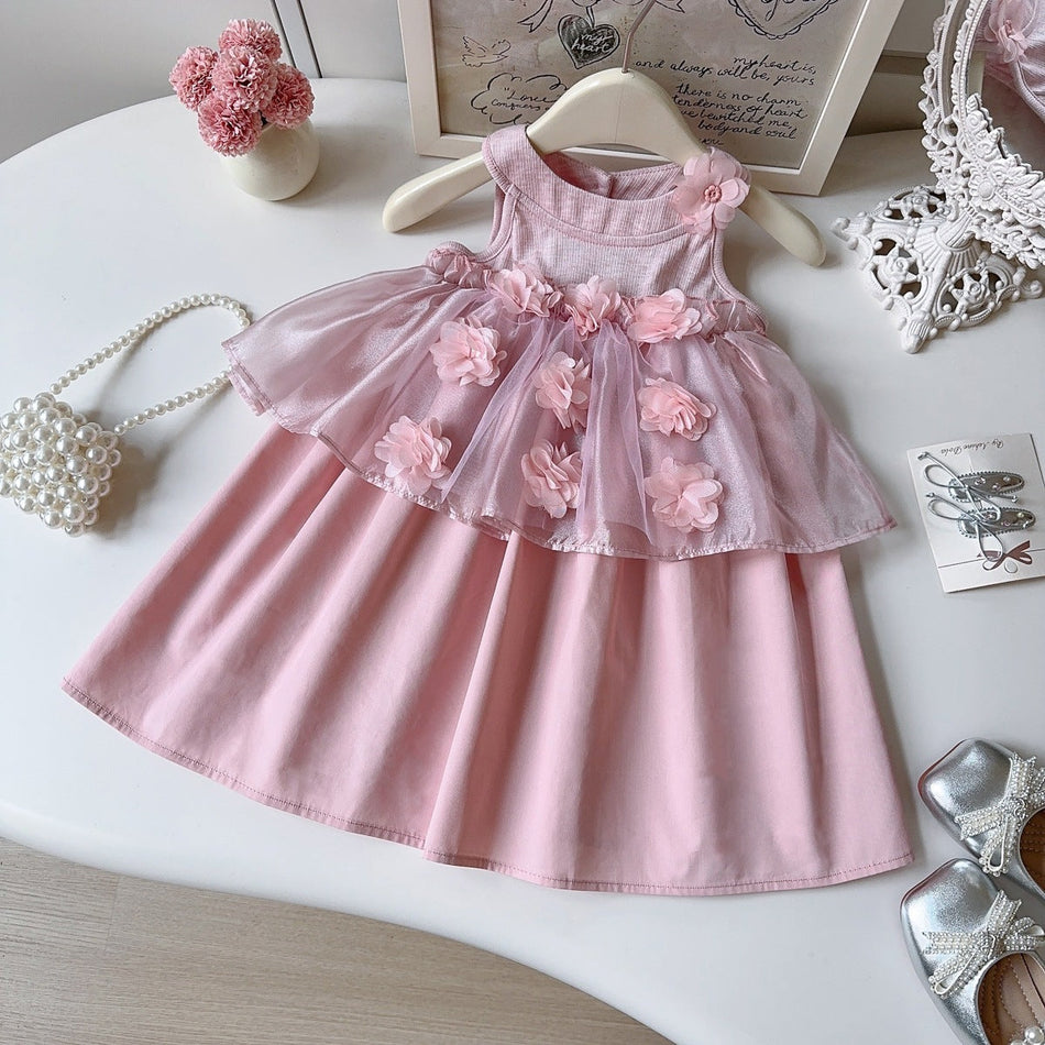 Girls Viscose Floral Sleeveless Pink Princess Dress