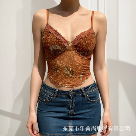 Women’s Corset Top Maple Leaf Print French Style Camisole Crop Top