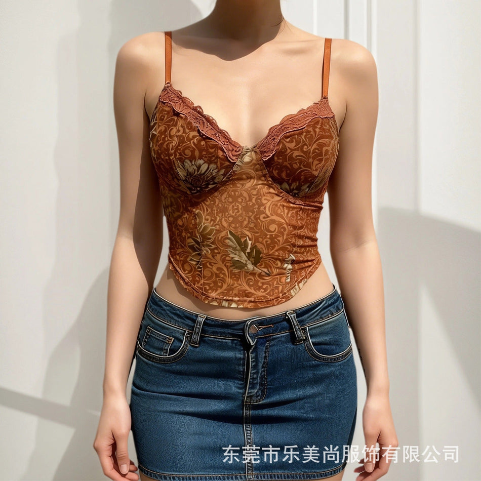 Women’s Corset Top Maple Leaf Print French Style Camisole Crop Top