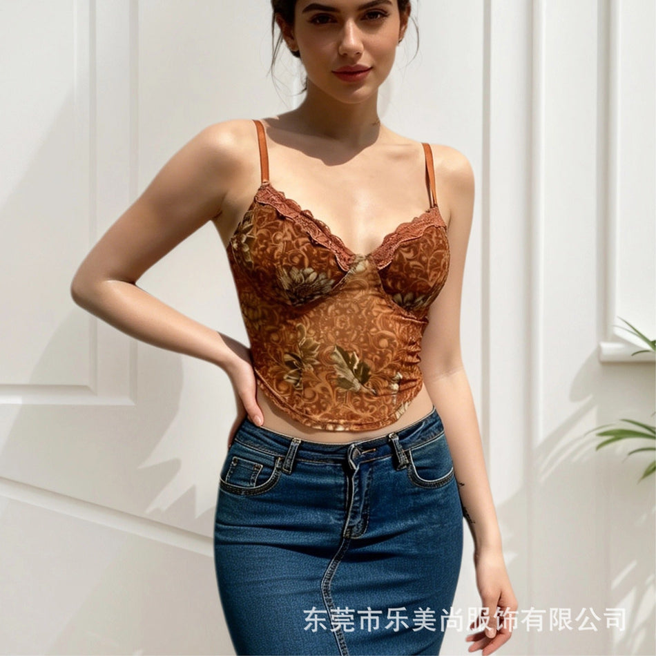 Women’s Corset Top Maple Leaf Print French Style Camisole Crop