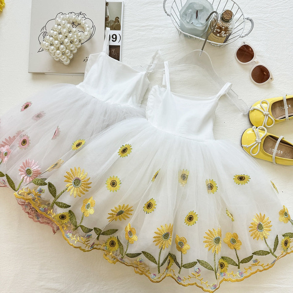 Girls Floral Embroidered Mesh Vest Summer Slip Dress