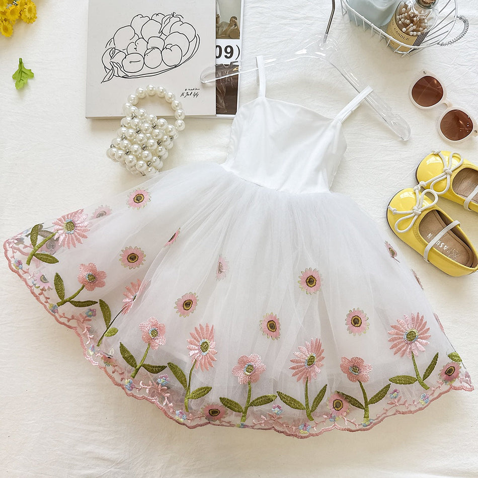 Girls Floral Embroidered Mesh Vest Summer Slip Dress