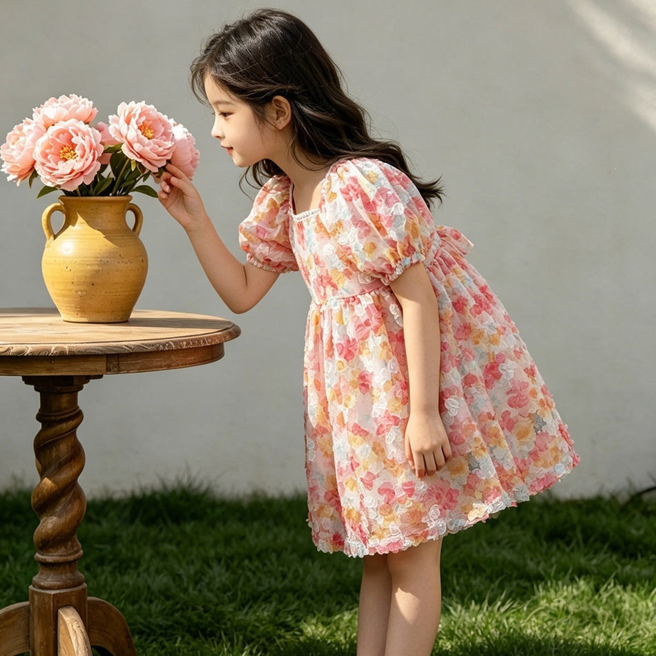 Girls Floral Puff Sleeve Square Collar Princess Summer Dress
