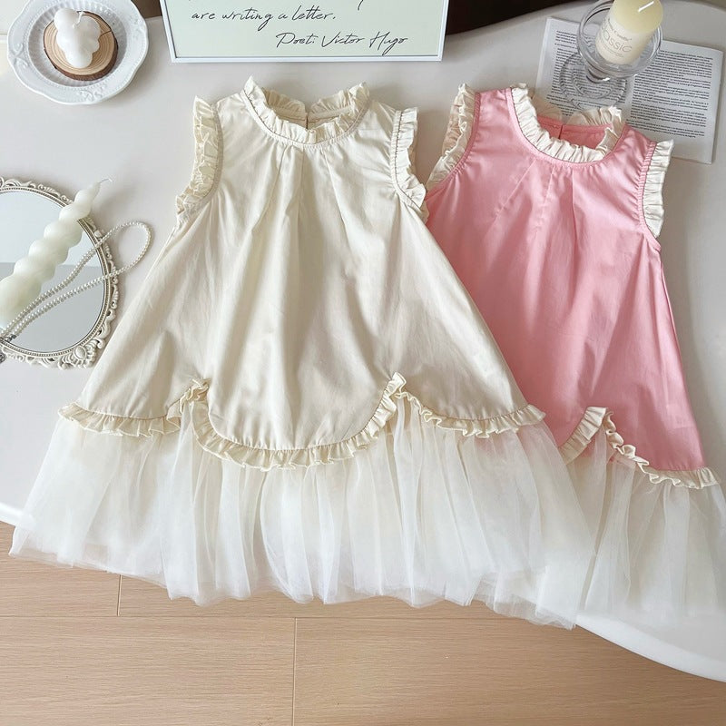 Girls Lace Mesh Patchwork Sleeveless Princess Summer Dress