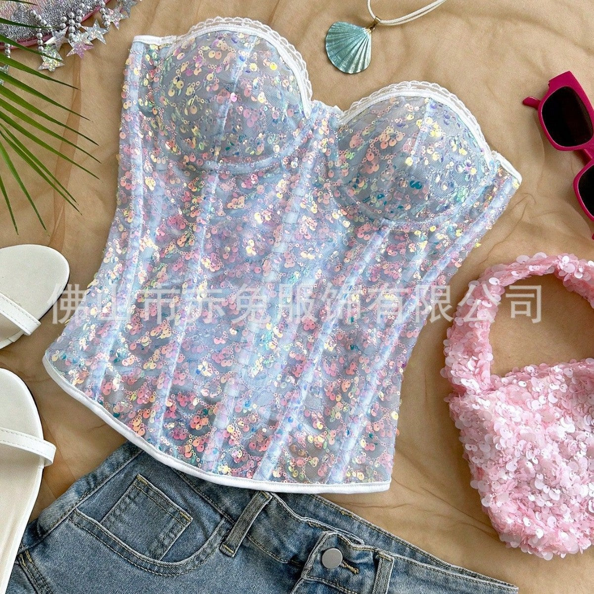 Women’s Corset Top Sequin Fishbone Lace-Up Back Tube Top