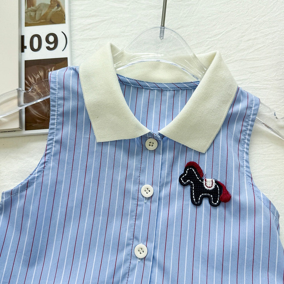 Girls Striped Polo Collar Embroidered Flower Bud Summer Dress