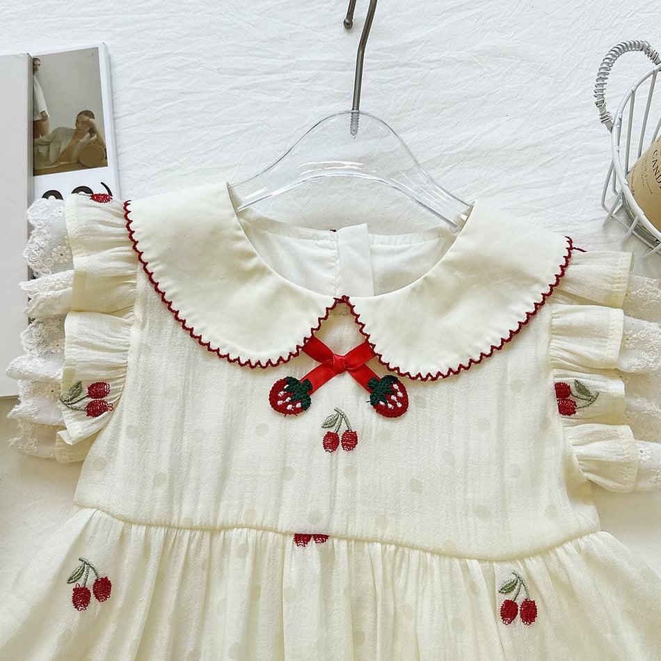 Girls Strawberry Doll Collar Cotton Summer Princess Dress
