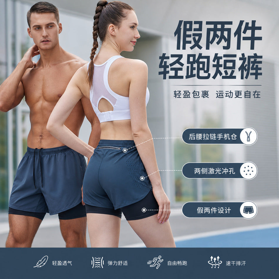 Unisex Quick-Dry Double-Layer Marathon Fitness Shorts