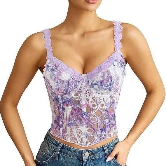Lace Embroidered Floral Fishbone Corset Waist-Shaping Top