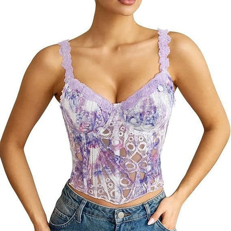 Lace Embroidered Floral Fishbone Corset Waist-Shaping Top