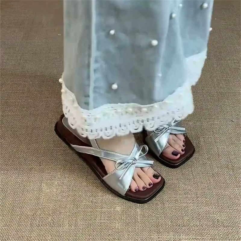 Women’s Bowknot Wedge Sandals Square Toe Open Toe Summer Shoes