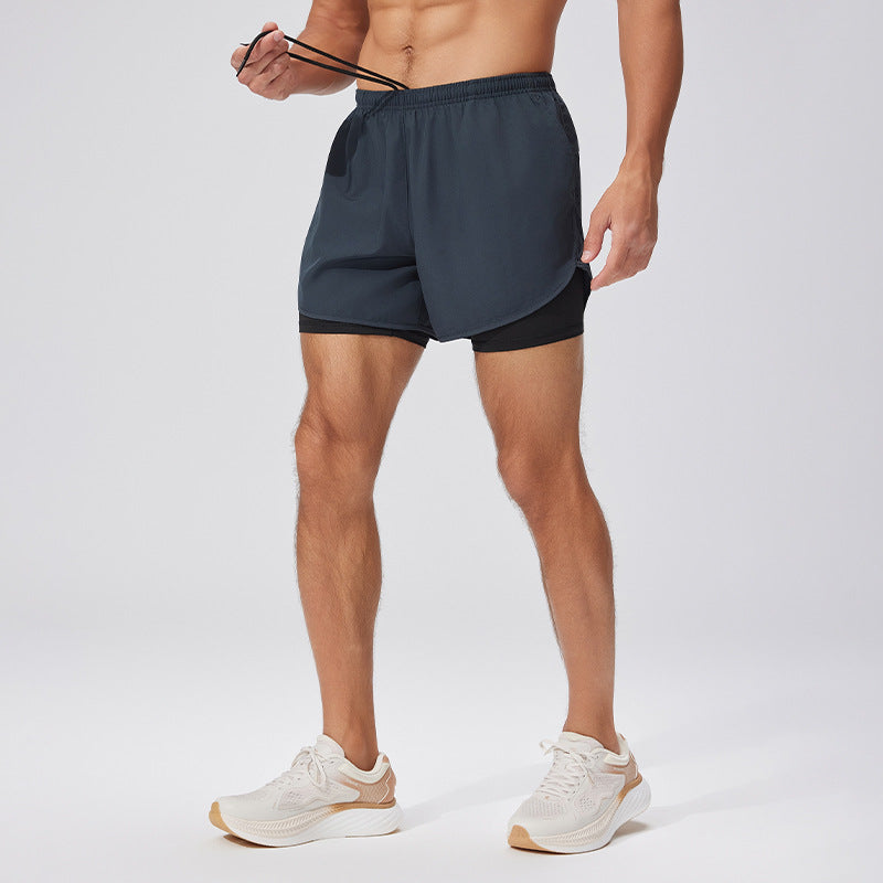 Black men���������s Double Layer Quick Dry Running Shorts with Waist Pack
