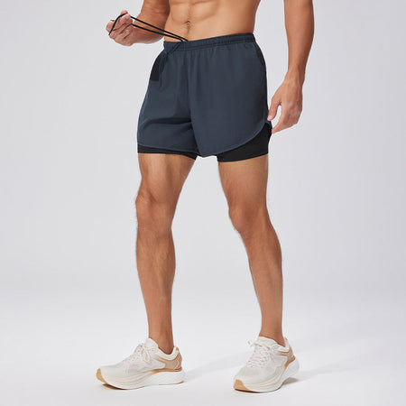 Black men���������s Double Layer Quick Dry Running Shorts with Waist Pack