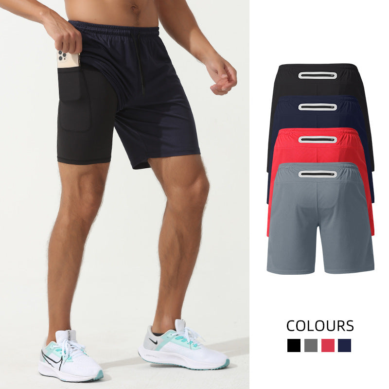 Black men���������s Double Layer Quick Dry Basketball Training Sports Shorts