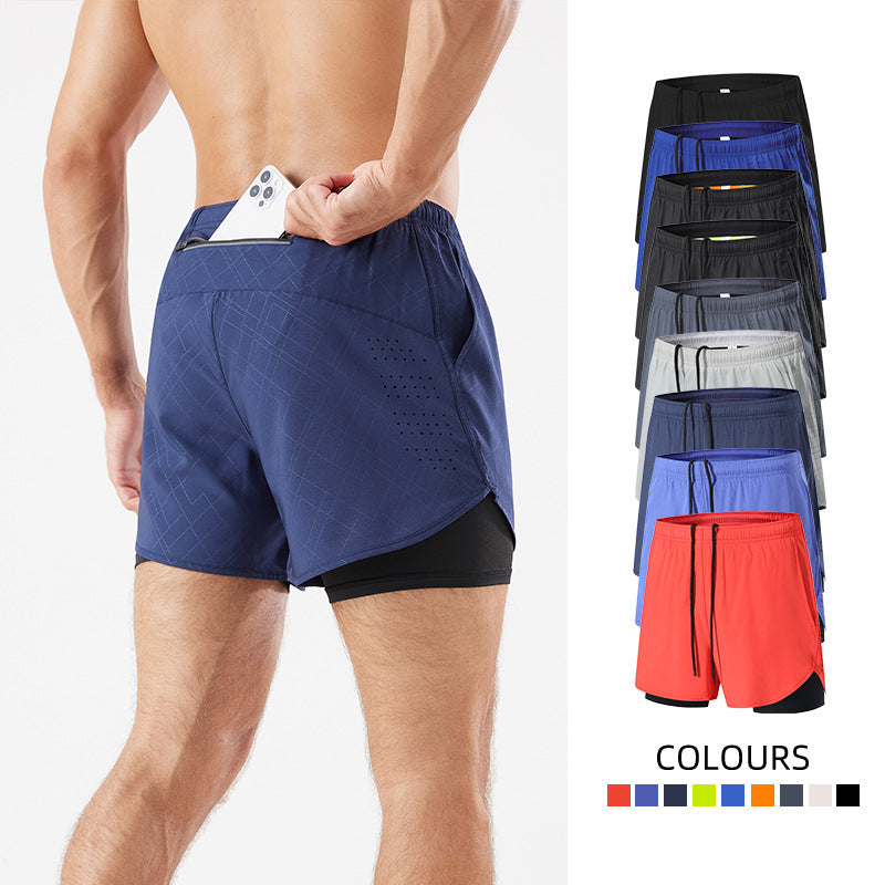 Men's Double Layer Running Sports Shorts Marathon Beach Swim Trunks