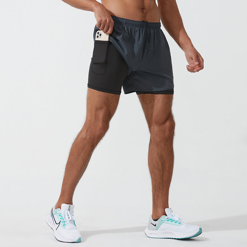 Navy Blue (Men'S Striped Embossed) men���������s Double Layer Running Sports Shorts Marathon Beach Swim Trunks