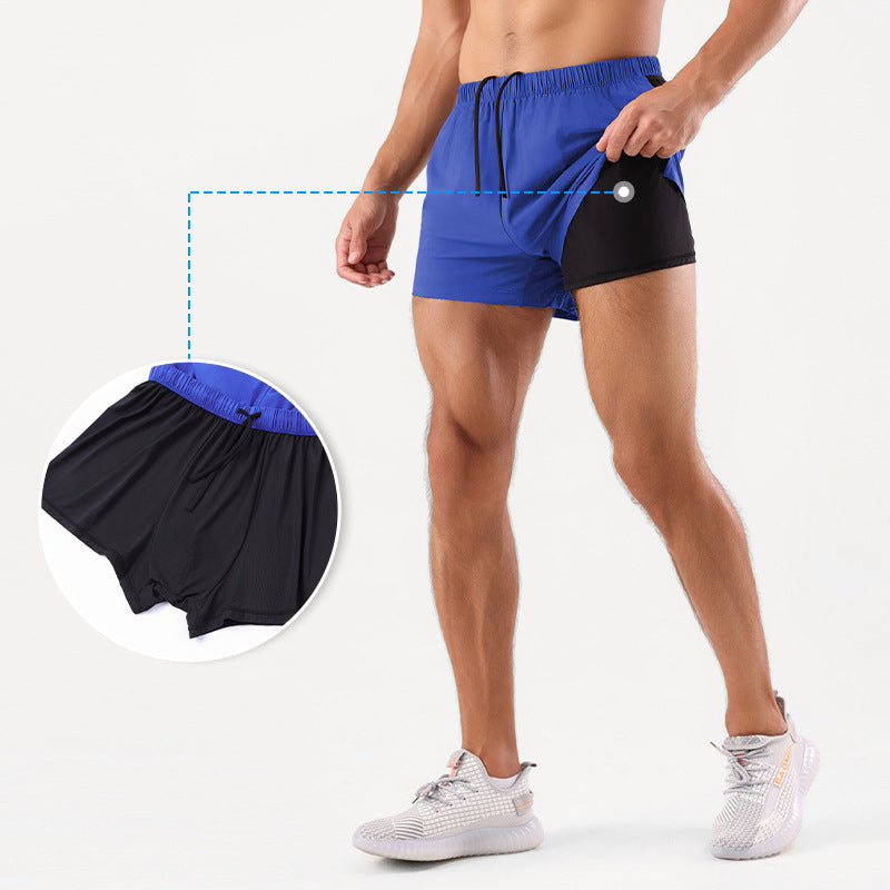 Black men���������s Double Layer Quick Dry Three Point Running Fitness Shorts