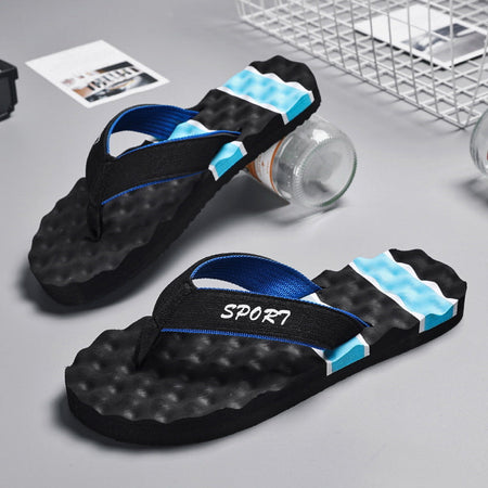 Black Blue men���������s Thick Sole Woven Upper Non Slip Beach Flip Flops Summer