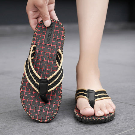 Black men���������s Woven Non Slip Wear Resistant Beach Flip Flops Summer Sandals
