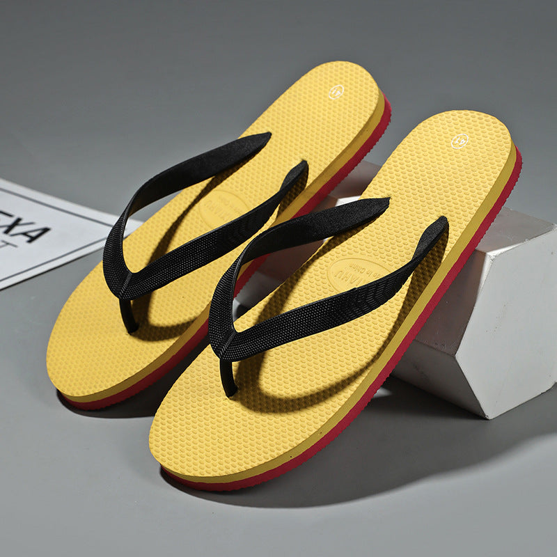 Yellow men���s Thick Sole Non Slip Wear Resistant Beach Flip Flops Solid Color