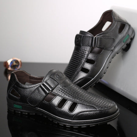 Black men���������s Plus Size Cowhide Leather Sandals Soft Foot Hole Dad Shoes